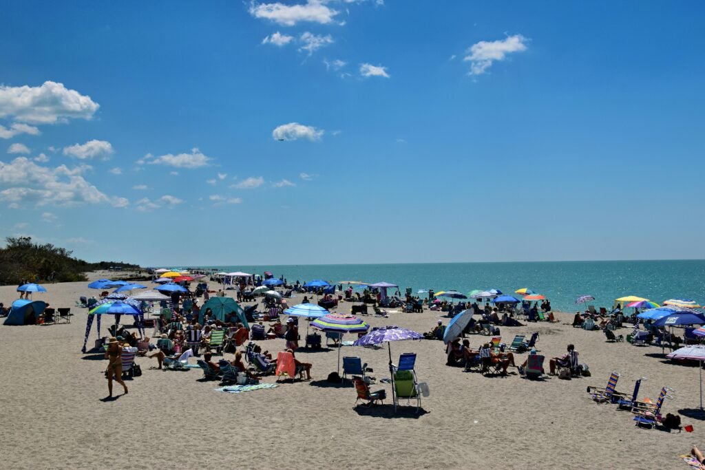 Why Moving to Florida is the Best Decision You Can Make Crowded beach with colorful umbrellas in Venice, Florida.